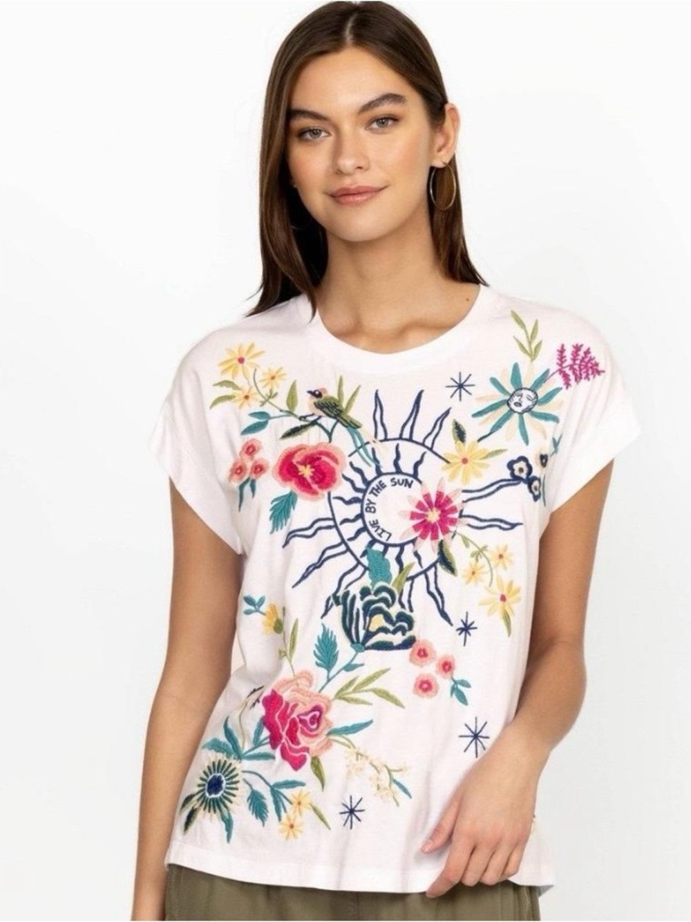 Johnny Was White Embroidered Live By The Sun Floral Cotton Tee Large